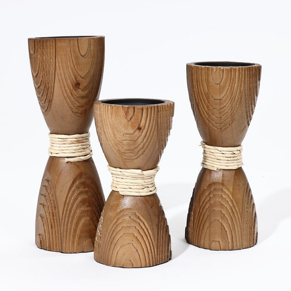 Handcrafted 3-Piece Pine Wood and Rattan Pillar Candle Holder Set - Rustic Elegance for Your Home