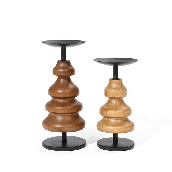 Elegant 2-Piece Birch Wood & Metal Pillar Candle Holder Set - Perfect for Home Decor