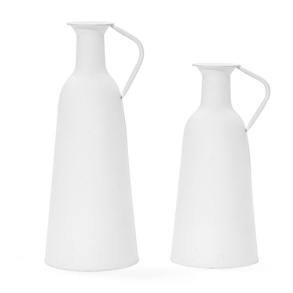 2-Pc White Iron Metal Pitcher Vase Set - Handmade Minimalist Design