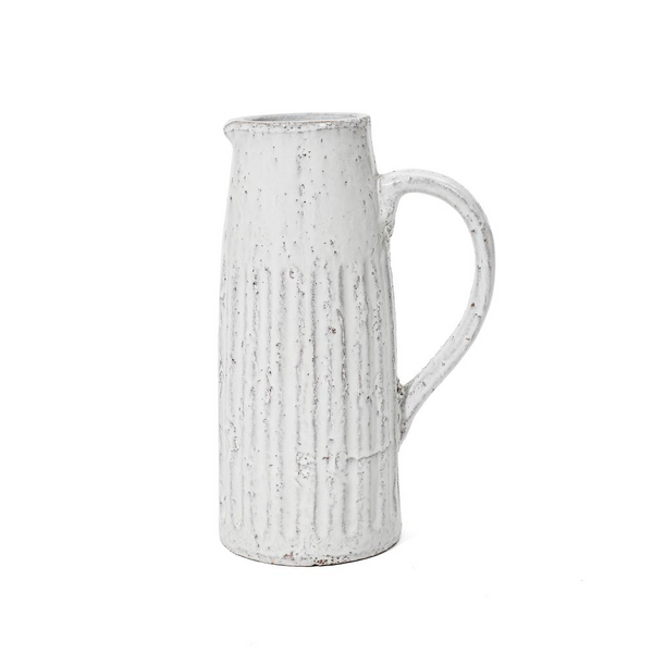 Vintage White Ribbed Terracotta Pitcher Vase with Handle - Rustic & Refined