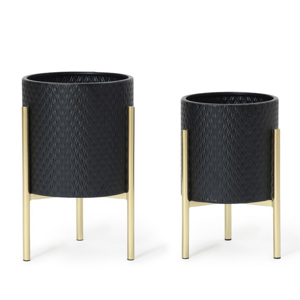 2-Piece Diamond Pattern Round Metal Cachepot Planter Set, Black with Gold Stands