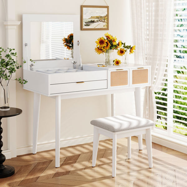 Classic White Wood Makeup Vanity Set - Flip-top Mirror, Stool, and Three Drawers