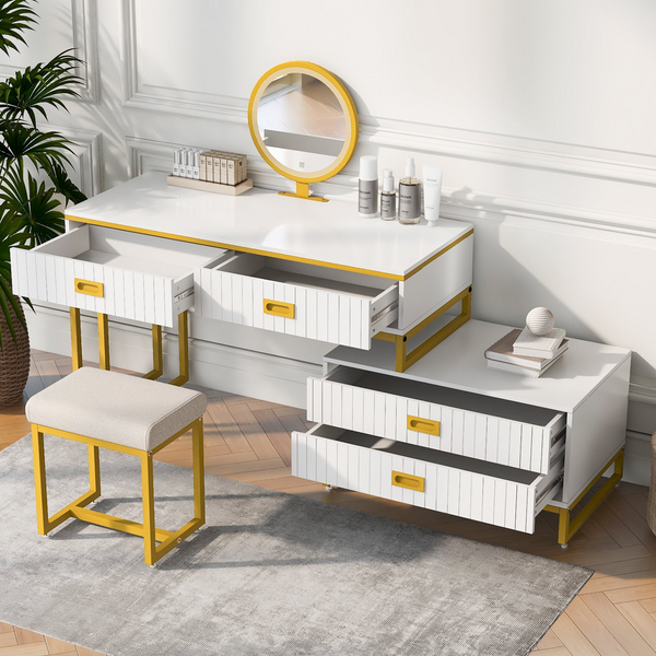 Modern Style Vanity Table With Movable Side Cabinet And 4-Drawers