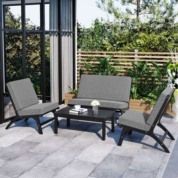 4-Piece V-shaped Seats Set, Acacia Solid Wood Outdoor Sofa, Garden Furniture, Black And Gray