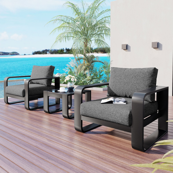 3-pieces Aluminum Frame Patio Furniture - Contemporary Outdoor Seating Set with Thick Cushions and Coffee Table