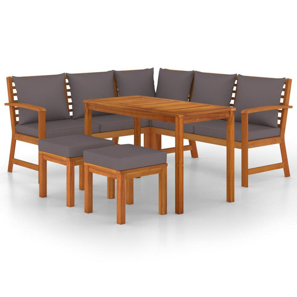 6 Piece Patio Dining Set with Cushions - Solid Wood Acacia Outdoor Furniture