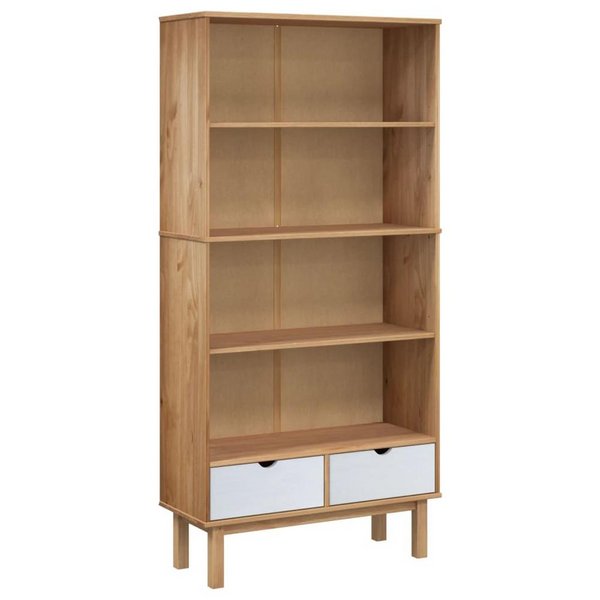 Bookcase OTTA with 2 Drawers - Brown and White Solid Pine Wood, Scandinavian Design