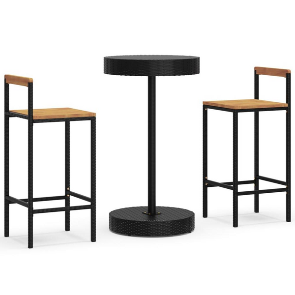 3 Piece Patio Bar Set - Black Poly Rattan & Solid Acacia Wood