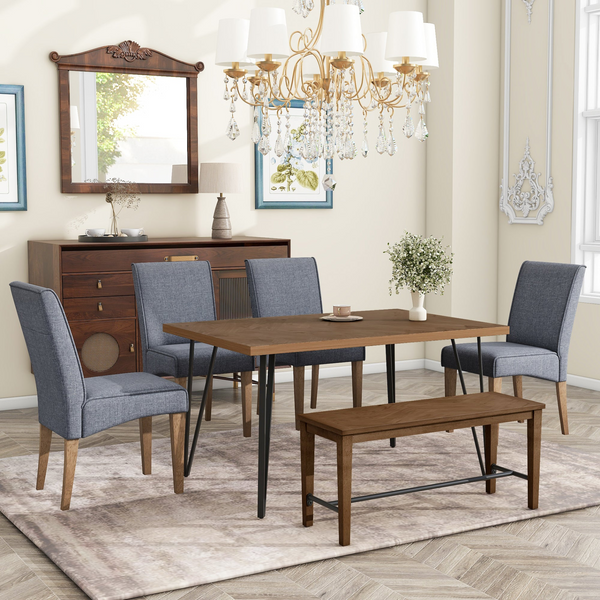 Modern 6-Piece Dining Table Set with V-Shape Metal Legs, Wood Kitchen Table Set with 4 Upholstered Chairs and Bench for 6, Brown