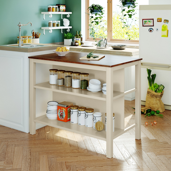 Solid Wood Rustic 45" Stationary Kitchen Island - Rubber Wood Butcher Block Dining Table with 2 Open Shelves - Ideal for Small Spaces