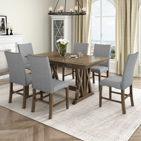 Mid-Century Solid Wood 7-Piece Dining Table Set | Extendable Kitchen Table Set