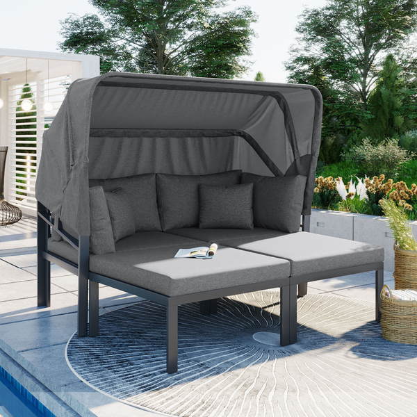 3-Piece Patio Daybed with Retractable Canopy Outdoor Metal Sectional Sofa Set Sun Lounger with Cushions, Grey