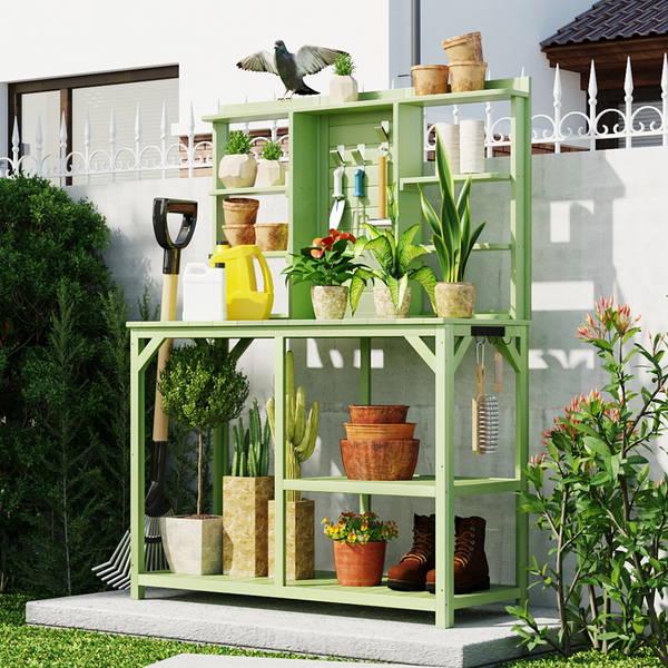 64.6" Large Outdoor Potting Bench - Garden Table with 6-Tier Shelves & Side Hook, Green