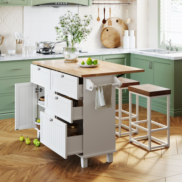 Farmhouse Kitchen Island Set with Drop Leaf and 2 Seatings, Dining Table Set with Storage Cabinet, Drawers and Towel Rack, White+Rustic Brown