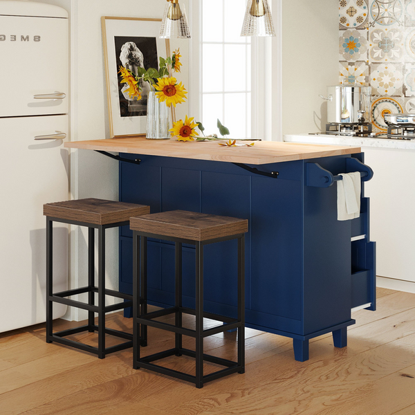 Farmhouse Kitchen Island Set with Drop Leaf and 2 Seatings, Dining Table Set with Storage Cabinet, Drawers and Towel Rack, Blue+Black+Brown