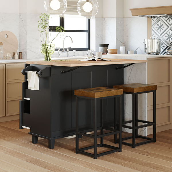 Farmhouse Kitchen Island Set with Drop Leaf and 2 Seatings - Black+Rustic Brown