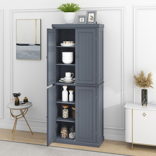 Freestanding Tall Kitchen Pantry, 72.4" Gray Minimalist Kitchen Storage Cabinet with Adjustable Shelves and 4 Doors