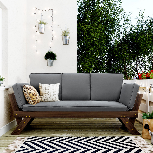 Outdoor Adjustable Wooden Patio Daybed Sofa Chaise Lounge with Cushions, Brown Finish and Gray Cushion - Ideal for Small Spaces