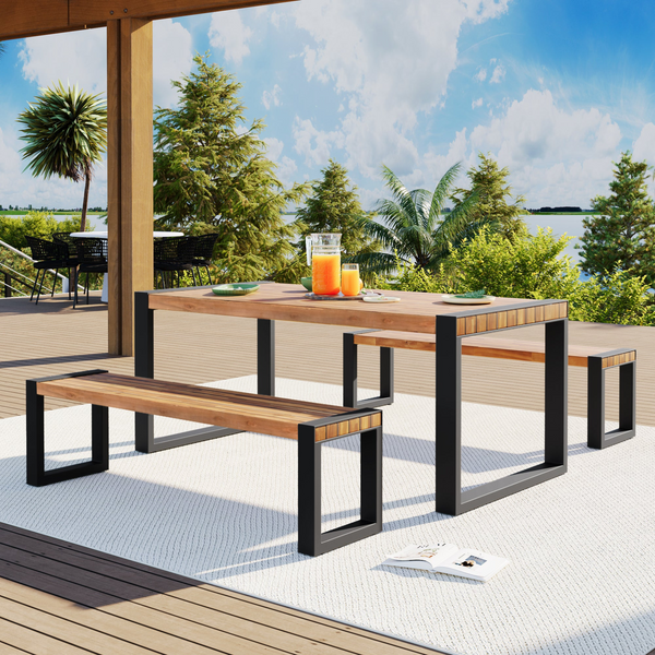 3-pieces Outdoor Dining Table With 2 Benches | Patio Dining Set