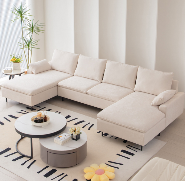 U-Shaped Linen Sectional Sofa with Double Chaises, Beige - Stylish and Versatile