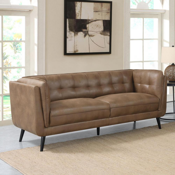 Thatcher Upholstered Button Tufted Sofa in Brown - Mid-Century Modern Comfort