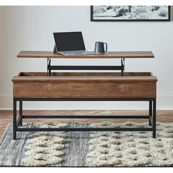 Byers Black Coffee Table with Hidden Storage - Brown Oak & Sandy Black