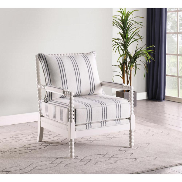 Blanchett Upholstered Accent Chair with Spindle Accent in White and Navy - Contemporary Design