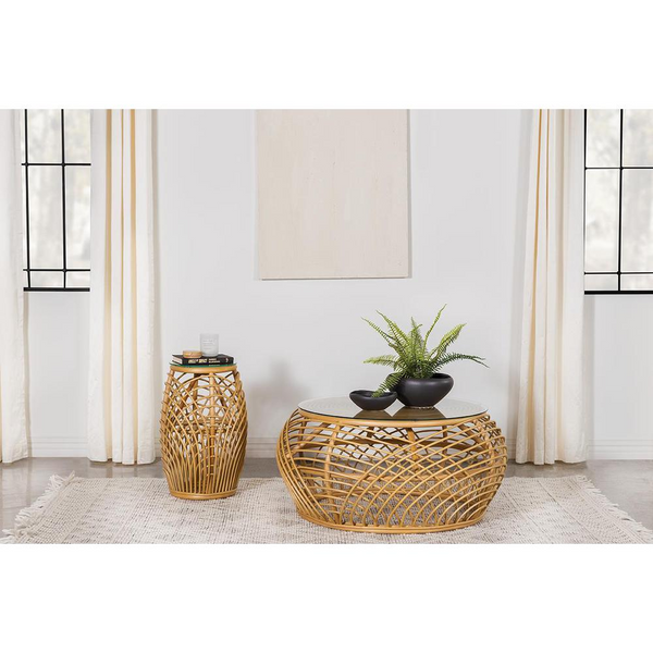 Dahlia Round Glass Top Woven Rattan End Table - Natural Brown | Coastal Furniture