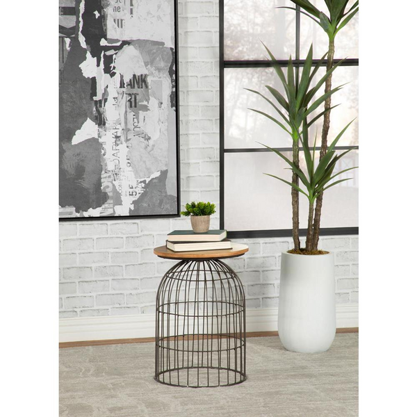 Bernardo Round Accent Table with Bird Cage Base in Natural and Gunmetal - Industrial Modern Farmhouse Design