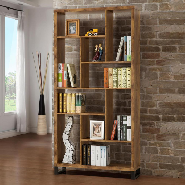 Delwin 10-Shelf Bookcase in Antique Nutmeg & Black Metal – Stylish & Functional Bookshelf for Home or Office