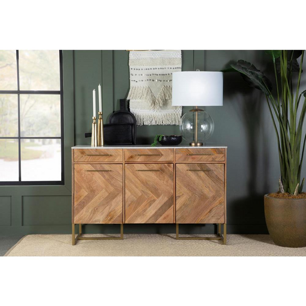 Keaton 3-Door Accent Cabinet with Marble Top - Natural and Antique Gold | Eco-Friendly Mango Wood & Glam Design