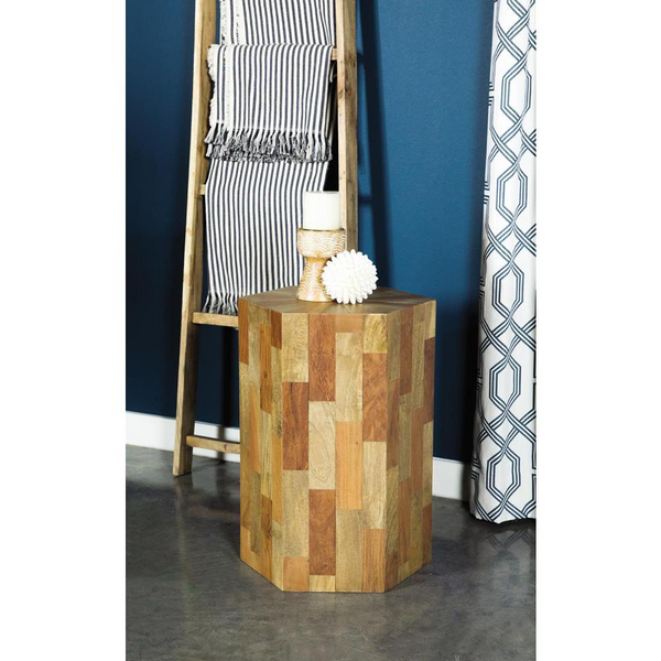 Dermot Hexagon Sunburst Top Accent Table in Natural Wood | Boho-Inspired Design