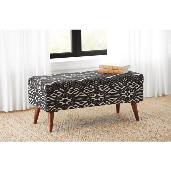 Cababi Upholstered Storage Bench | Black and White Tribal Motif | Modern Slim Tapered Wood Legs