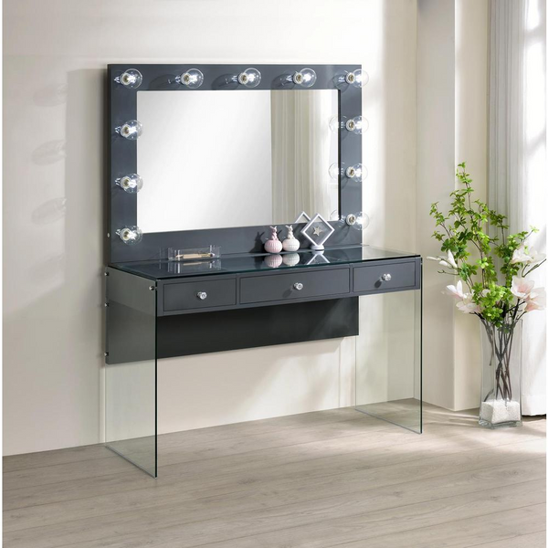 Afshan 3-Drawer Vanity Desk with Lighting Mirror in Grey High Gloss