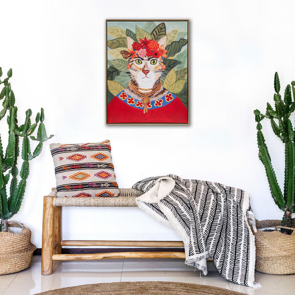 Bohemian Cat In Forest Framed Canvas Wall Art - Whimsical Cat Portrait by Carol Lew