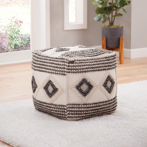 Dalia Square Handwoven Pouf - Versatile Footrest, Extra Seating, Embroidered Triangular Pattern