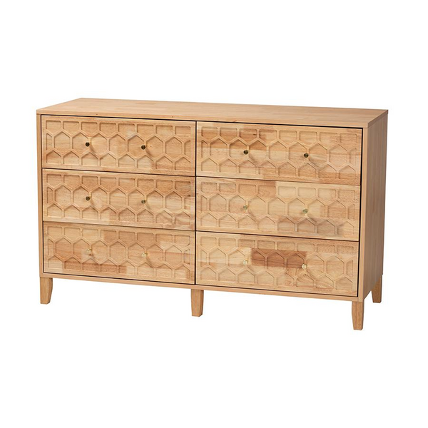 Hosea Japandi Carved Honeycomb Natural 6-Drawer Dresser