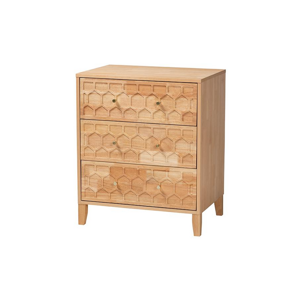 Hosea Japandi Carved Honeycomb Natural 3-Drawer Chest - Stylish and Functional Storage Solution