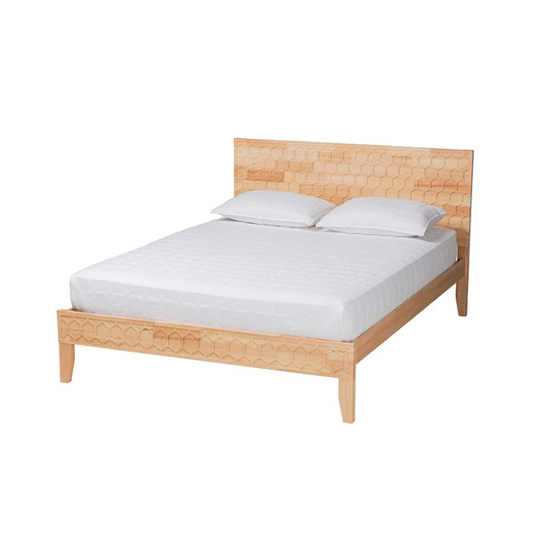 Hosea Japandi Carved Honeycomb Natural Queen Size Platform Bed