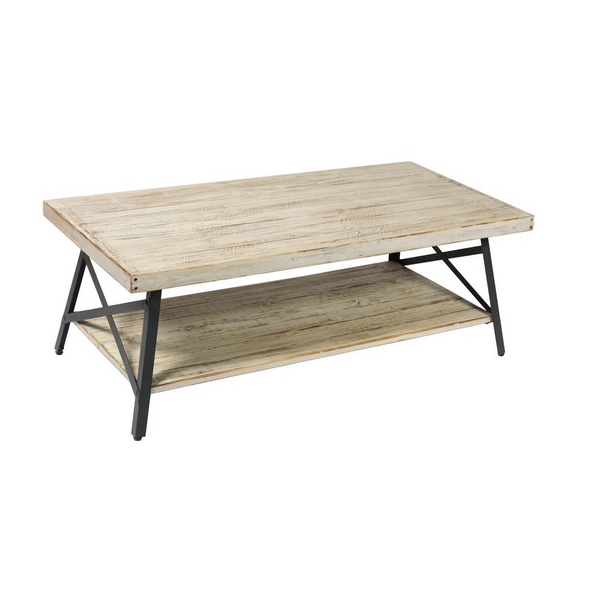 Gray 48" Coffee Table with Solid Wood Top, Metal Base, and Open Storage Shelf - Modern Rustic Design