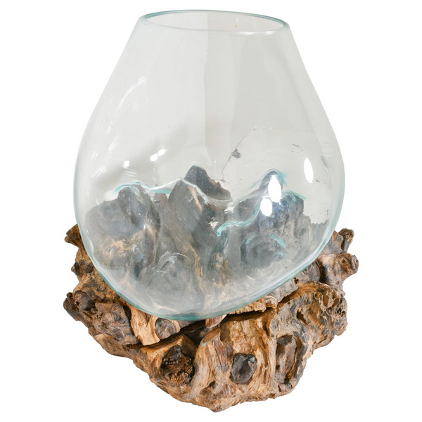 Hand-Blown Glass Bowl on Natural Driftwood Base - Medium Size | Unique Home Décor