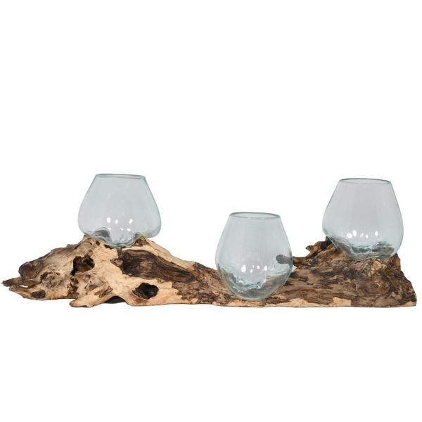 Triple Glass Bowl on Wood - Handcrafted Decorative Accent from AFD Home