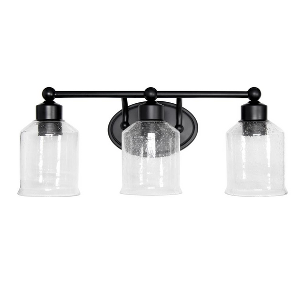 Elegant 22" 3-Light Wall Mounted Vanity Fixture with Clear Speckled Glass Shades - Black Finish