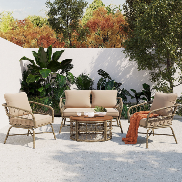 Bohemia-Inspired 4-Person Outdoor Seating Group with Removable Cushions | Elegant Patio Set with Acacia Wood Tabletop in Beige