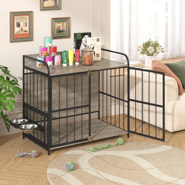 39'' Indoor Metal Dog Crate with Double Doors, Wooden Side End Table Crate, Dog Crate Furniture with Adjustable Feeder Stand, Gray