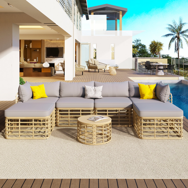 7 Pieces Outdoor Patio Furniture - All-Weather Rattan Sectional Sofa Set with Thick Cushions & Pillows, Modular, Gray