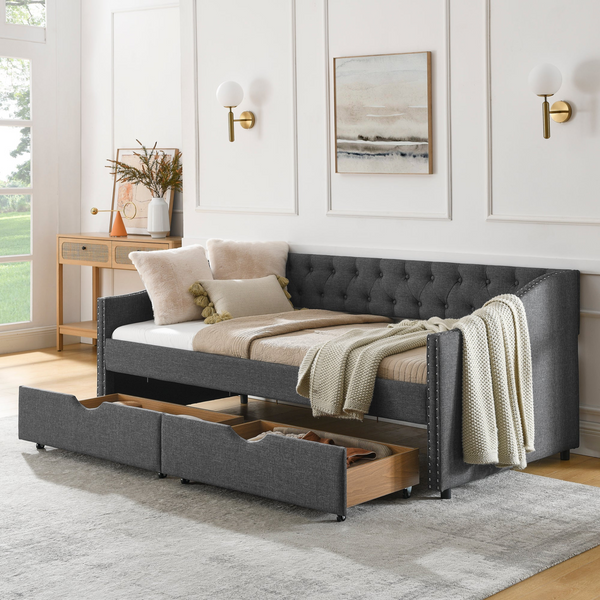 Twin Size Daybed with Drawers Upholstered Tufted Sofa Bed