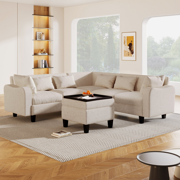 87" Modern Sectional Sofa with Coffee Table, 6-Seat Couch Set with Storage Ottoman