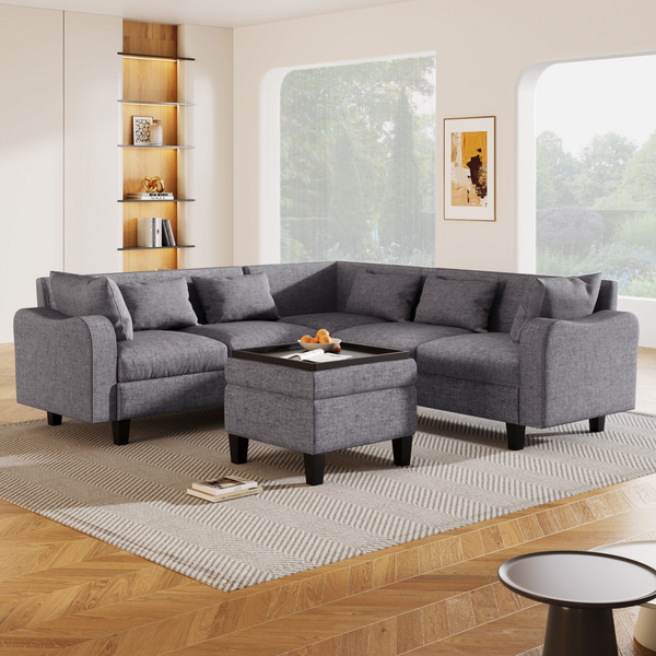 87" Modern Sectional Sofa with Coffee Table, 6-Seat Couch Set with Storage Ottoman