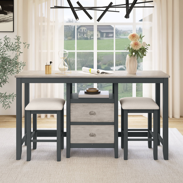 Farmhouse Rustic 3-Piece Counter Height Wood Dining Table Set with Storage Cabinet, Drawers, and Stools in Gray for Small Spaces